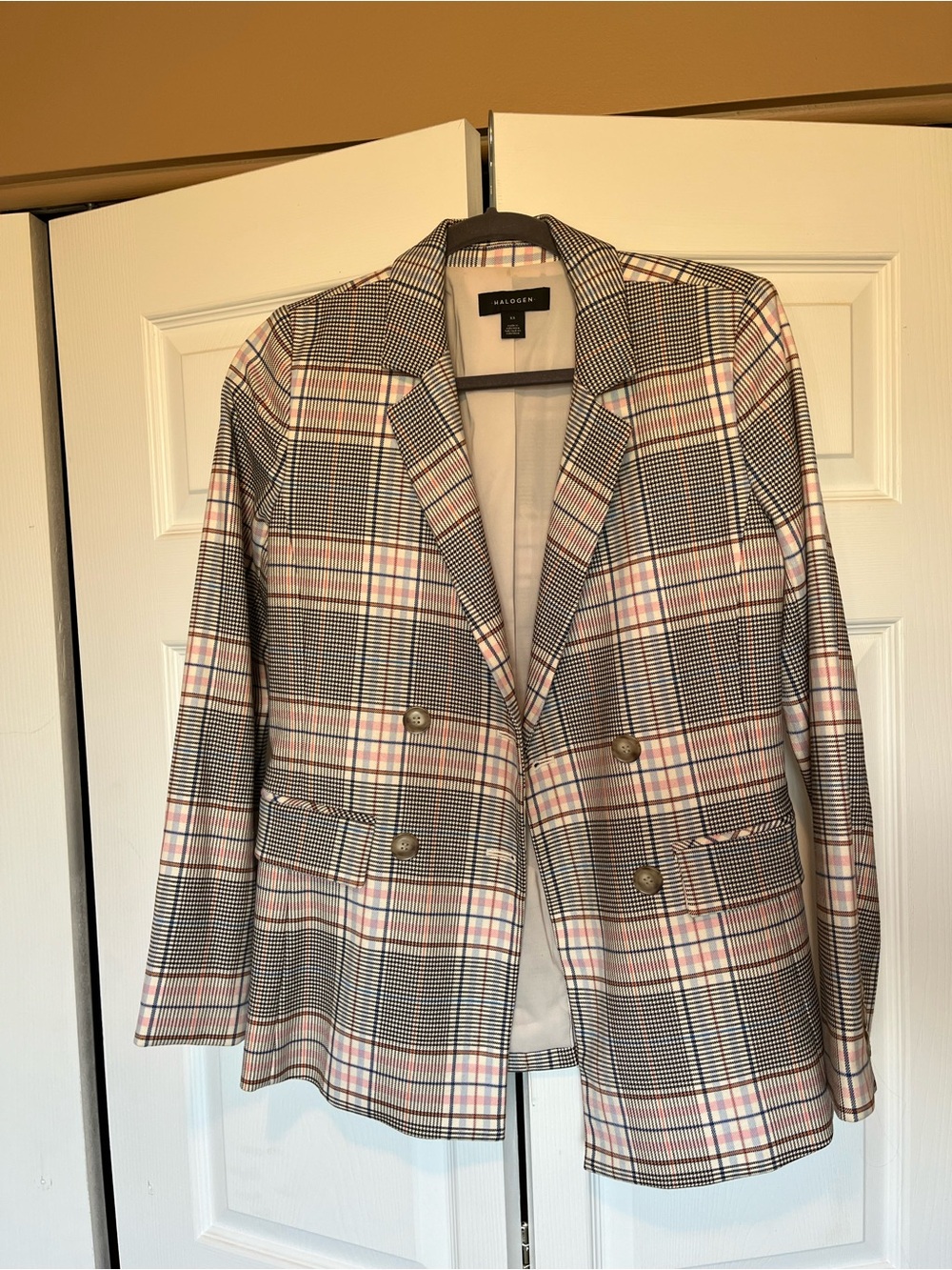 Halogen Plaid Double-Breasted Blazer in Pink and Black